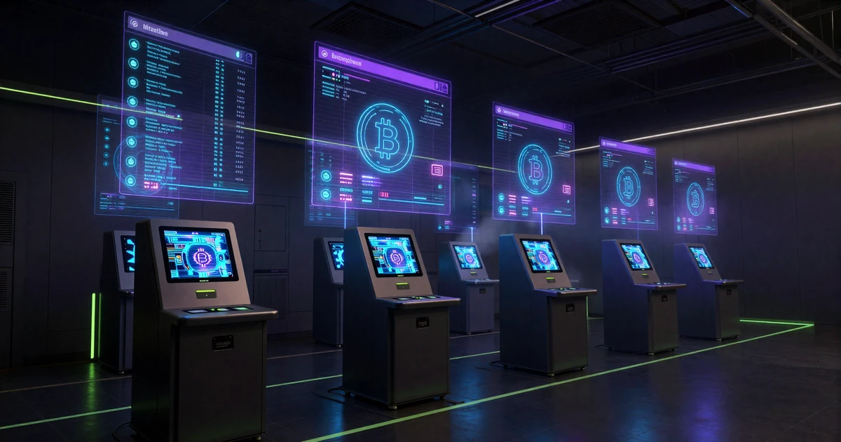 Dunkler futuristischer Zahlungs-Terminal-Raum mit holografischen Transaktionsbildschirmen und schwebenden Krypto-Symbolen