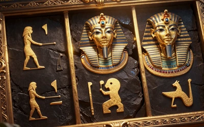 Book of Dead Slot mit alt&auml;gyptischen Hieroglyphen und goldenem Glanz auf dunklem Stein-Hintergrund