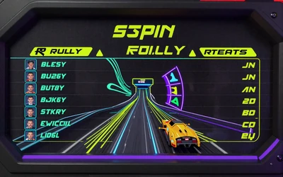 Spin Rally Turnier-Leaderboard mit neonbeleuchtetem Speedometer und Lime-Cyan-Spurlinien bei Casoola