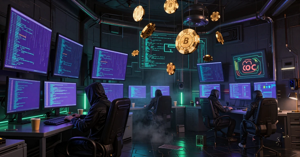 Dunkler Cyberpunk-Hacker-Loft mit neonblauen Monitoren und fallendem Code im Casoola Casino Bonus-Bereich