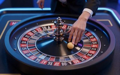 Live-Casino Roulette-Rad in Drehung mit neonblauer Beleuchtung und professionellem Dealer bei Casoola