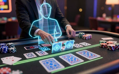 Neonbeleuchteter Live-Casino-Blackjack-Tisch mit holografischem Dealer im Casoola Casino