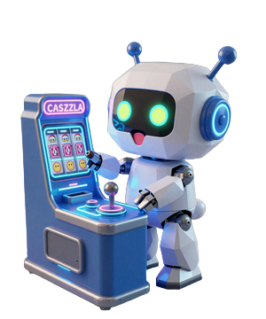 Caszilla Roboter-Maskottchen bedient eine futuristische Slot-Maschine mit neonbeleuchteten Hebeln