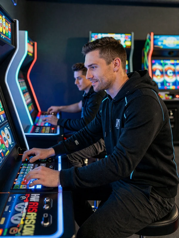 Cyberpunk-Spieler im Techwear-Hoodie am neonbeleuchteten Arcade-Terminal mit Slot-Walzen bei Casoola