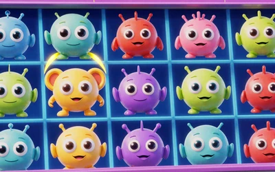 Reactoonz Slot mit bunten Alien-Kreaturen auf elektrisch blauem Raster-Hintergrund