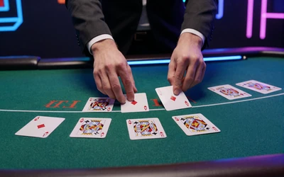 Live-Casino Blackjack-Tisch mit holografischen Dealer-H&auml;nden und neonblauer Kantenbeleuchtung bei Casoola