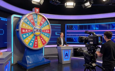 Live-Game-Show-Studio mit Crazy Time Gl&uuml;cksrad und neonbeleuchtetem Studio bei Casoola