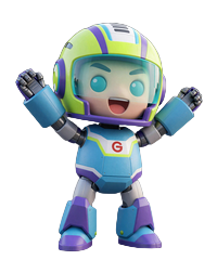 Caszilla Roboter-Maskottchen mit neonbeleuchtetem Rennhelm und Lime-Cyan-Visor jubelnd im Turnier-Bereich