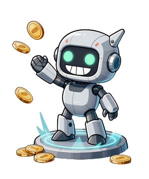 Caszilla Roboter-Maskottchen wirft goldene M&uuml;nzen mit schelmischem Grinsen als Hologramm