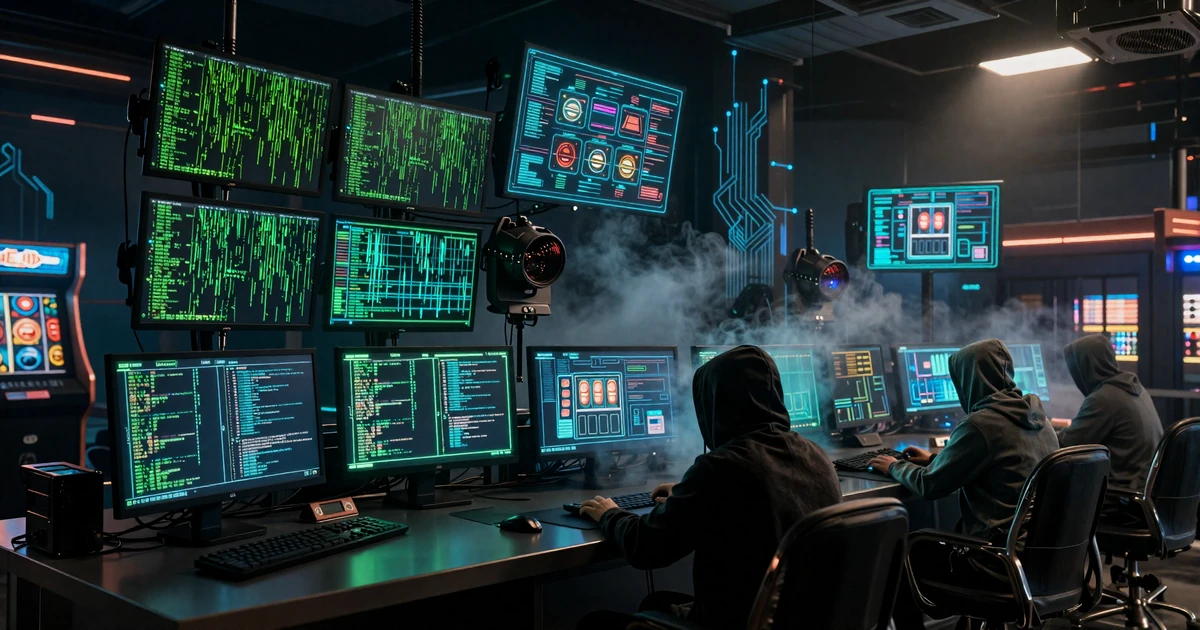 Dark hacker loft with neon monitors showing falling code rain and casino holograms