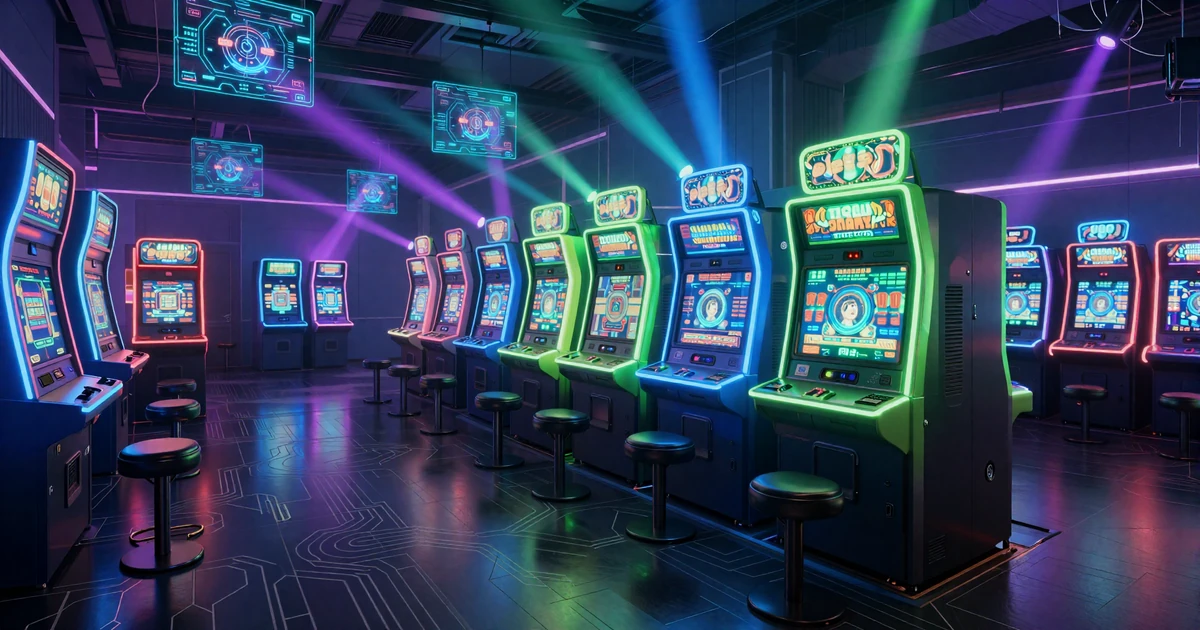 Futuristische Arcade-Halle mit neonbeleuchteten Slot-Automaten und holografischen Casino-Displays bei Casoola