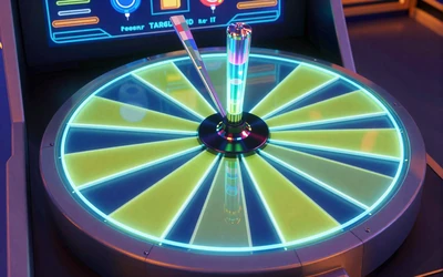 Leuchtendes Rad des Gl&uuml;cks mit neonblauen und limettenfarbenen Segmenten in 3D