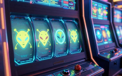 Neon Sci-Fi Slotmaschine mit Reactoonz-artigen Aliensymbolen und leuchtenden Walzen