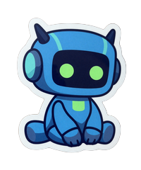 Caszilla Roboter-Maskottchen mit m&uuml;dem Blick und leuchtenden limetten-cyan Augen