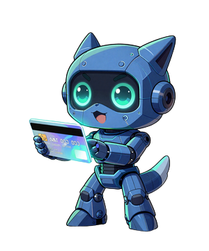 Caszilla Roboter-Maskottchen scannt eine leuchtende Neon-Kreditkarte mit gl&uuml;henden Augen